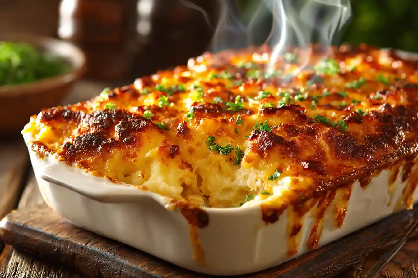 golden baked chicken casserole with crispy topping