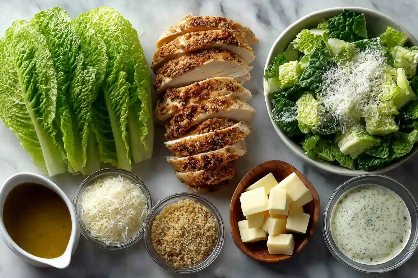 Chicken Caesar Sandwich ingredients flat lay with lettuce and dressing