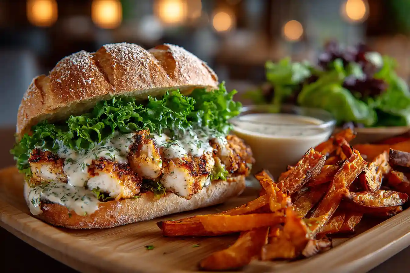 Chicken Caesar Sandwich served with fries and salad