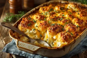 chicken casserole for family dinner in a baking dish