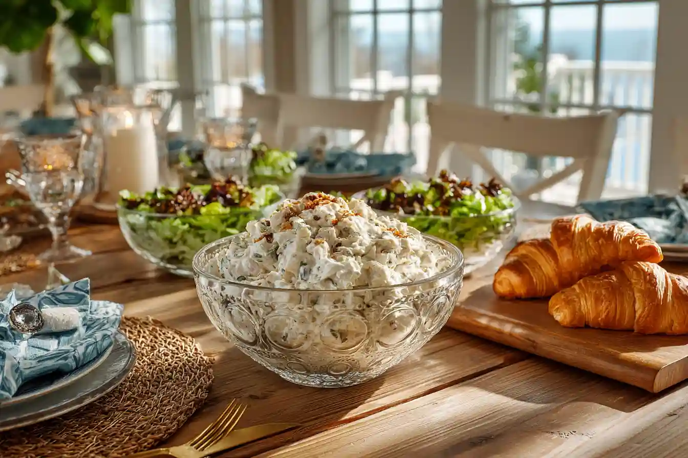 Chicken Salad Chick Copycat Recipe served on croissants with iced tea
