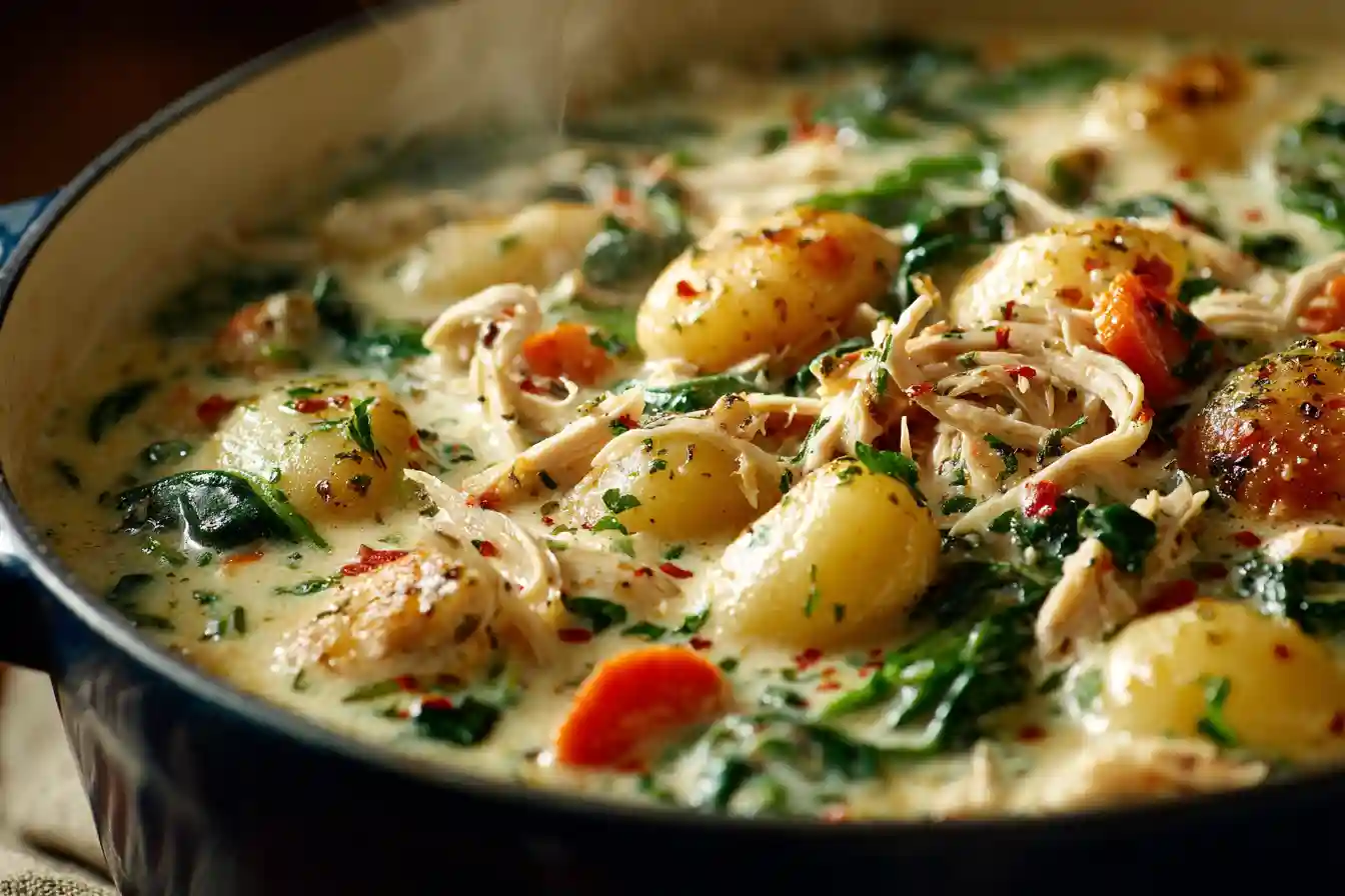 chicken gnocchi soup cooking in white Dutch oven