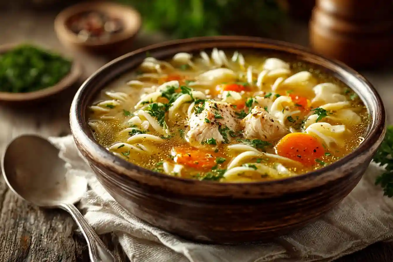 Serving bowl of Easy Chicken Noodle Soup Recipe