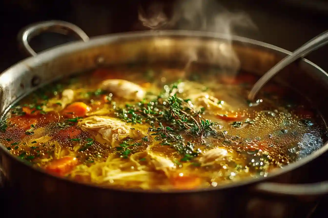 Chicken noodle soup simmering in pot