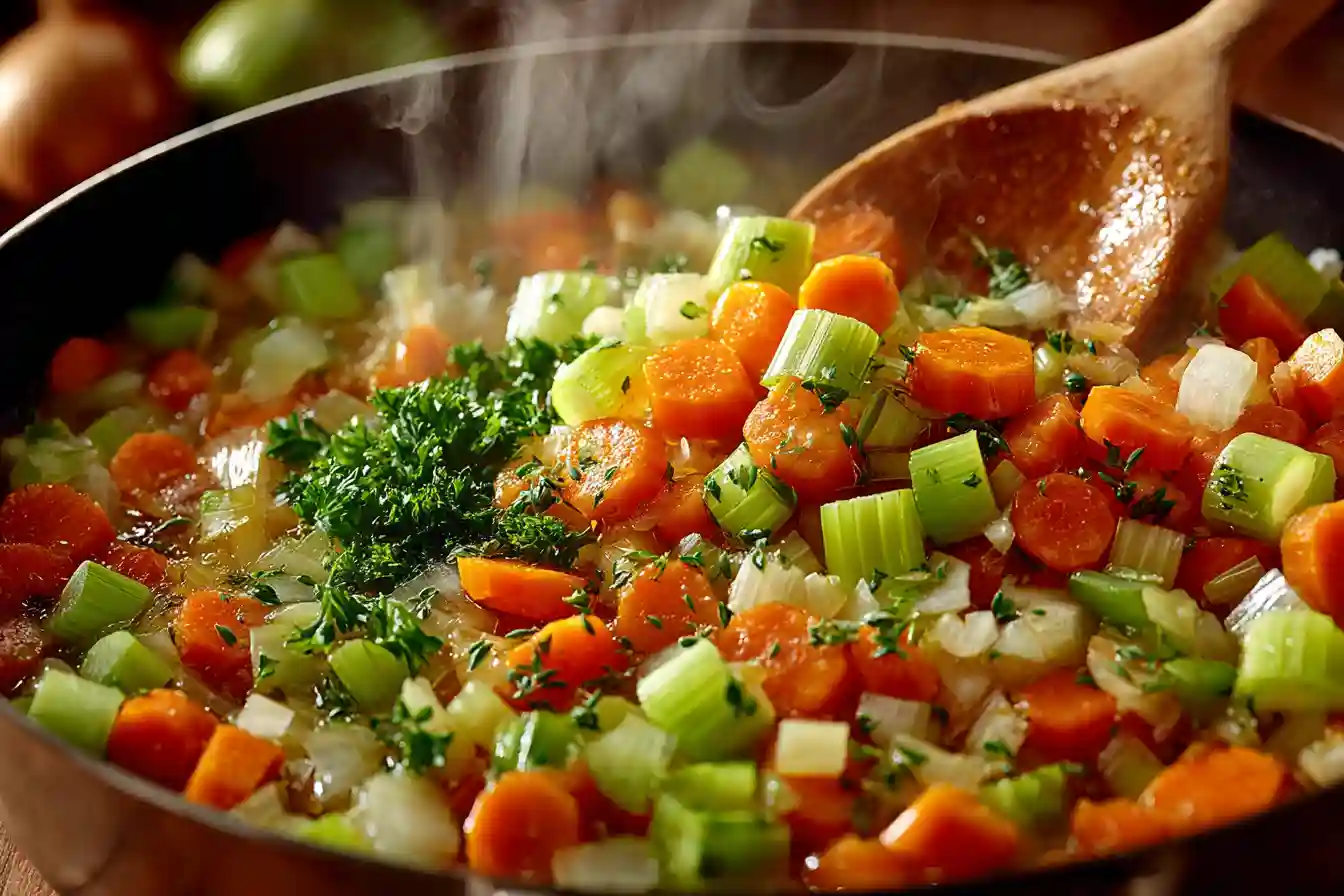Chicken noodle soup simmering in pot