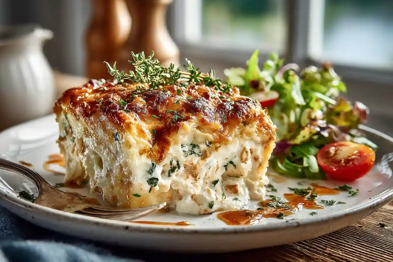 plated chicken casserole serving with salad