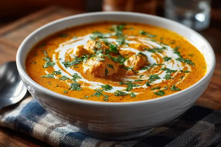 Easy homemade butter chicken served in a rustic white ceramic bowl