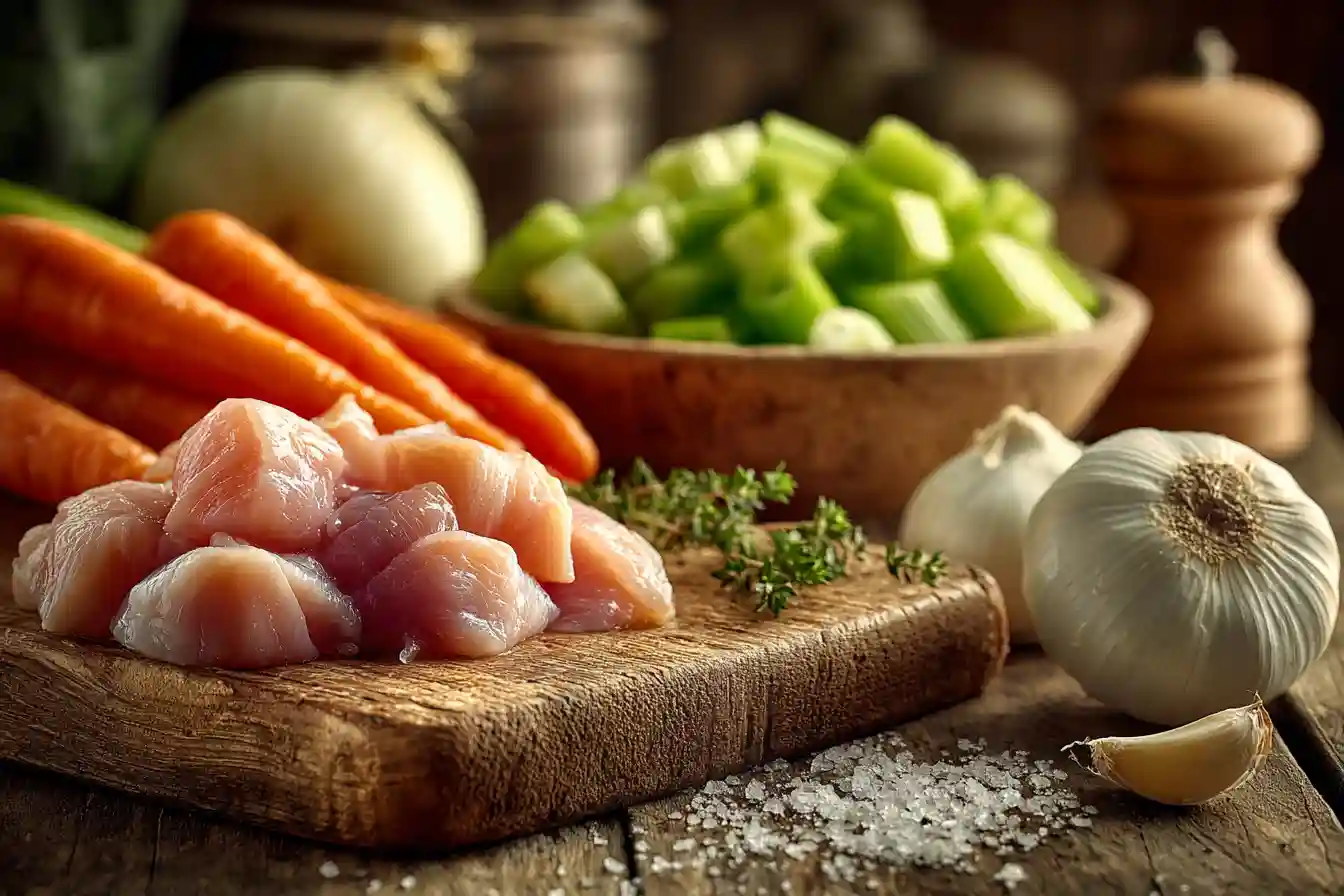 Fresh ingredients for Homemade Chicken Soup with Vegetables