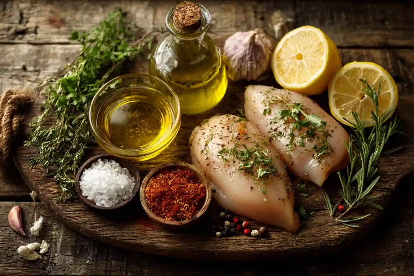 Ingredients for juicy grilled chicken breast on wooden table