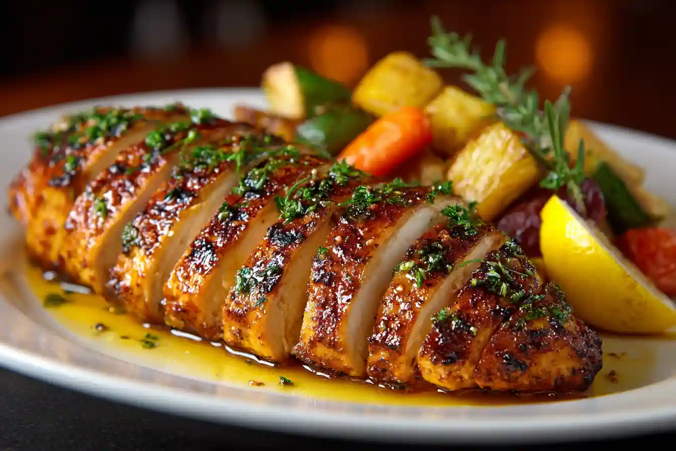 Juicy grilled chicken breast served with roasted vegetables and herbs