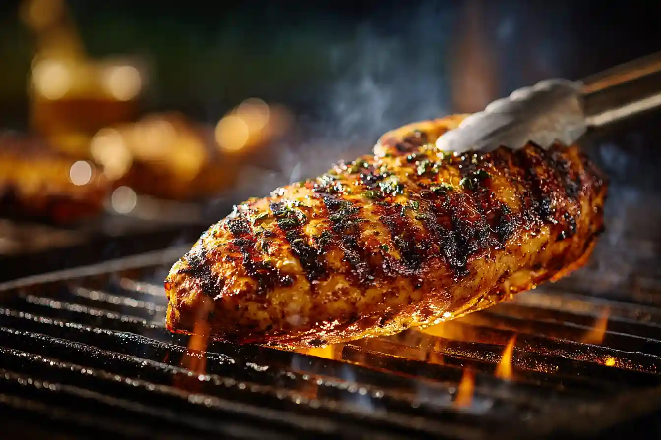 Juicy grilled chicken breast on grill with perfect char marks