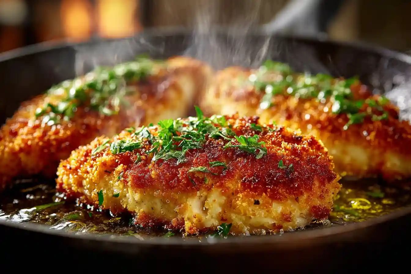 parmesan crusted chicken cooking in skillet