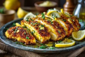 crispy parmesan crusted chicken on plate with lemon wedges