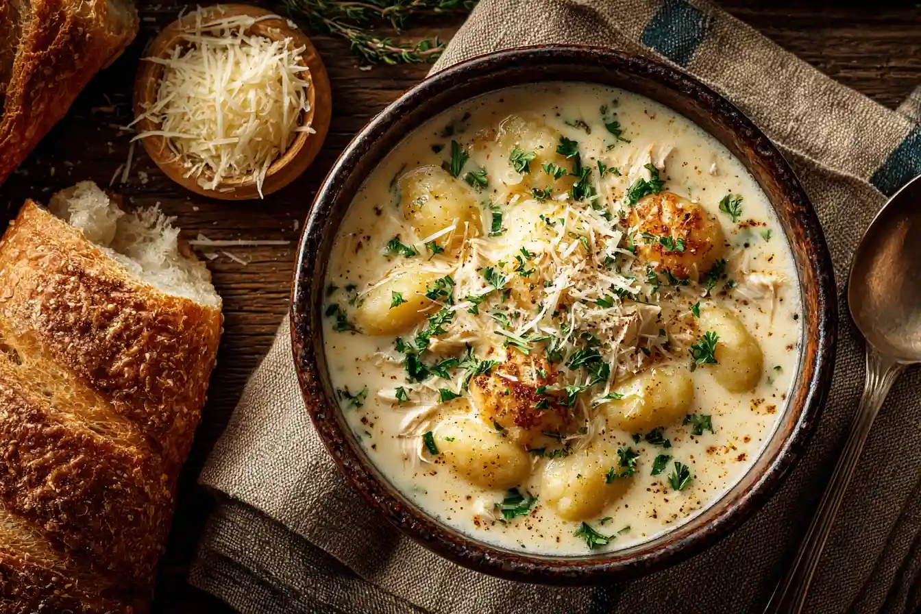 serving creamy copycat chicken gnocchi soup in bowl with bread