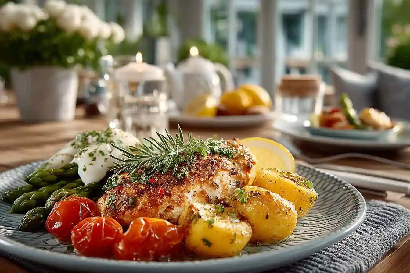 Serving easy 30-minute chicken meal with vegetables in a bright modern kitchen