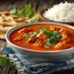Tomato and cream sauce simmering for homemade butter chicken