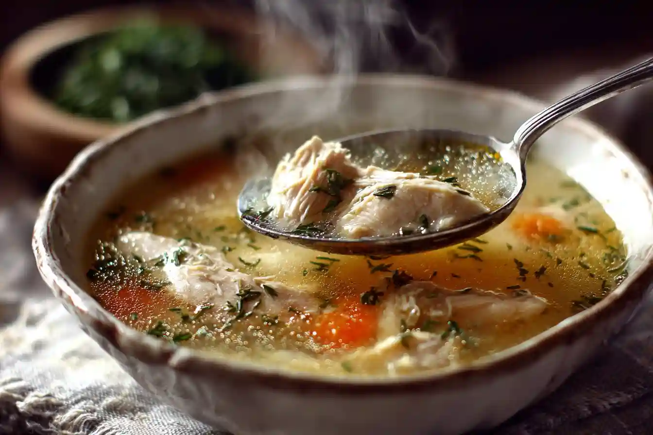 Serving Homemade Chicken Soup with Vegetables
