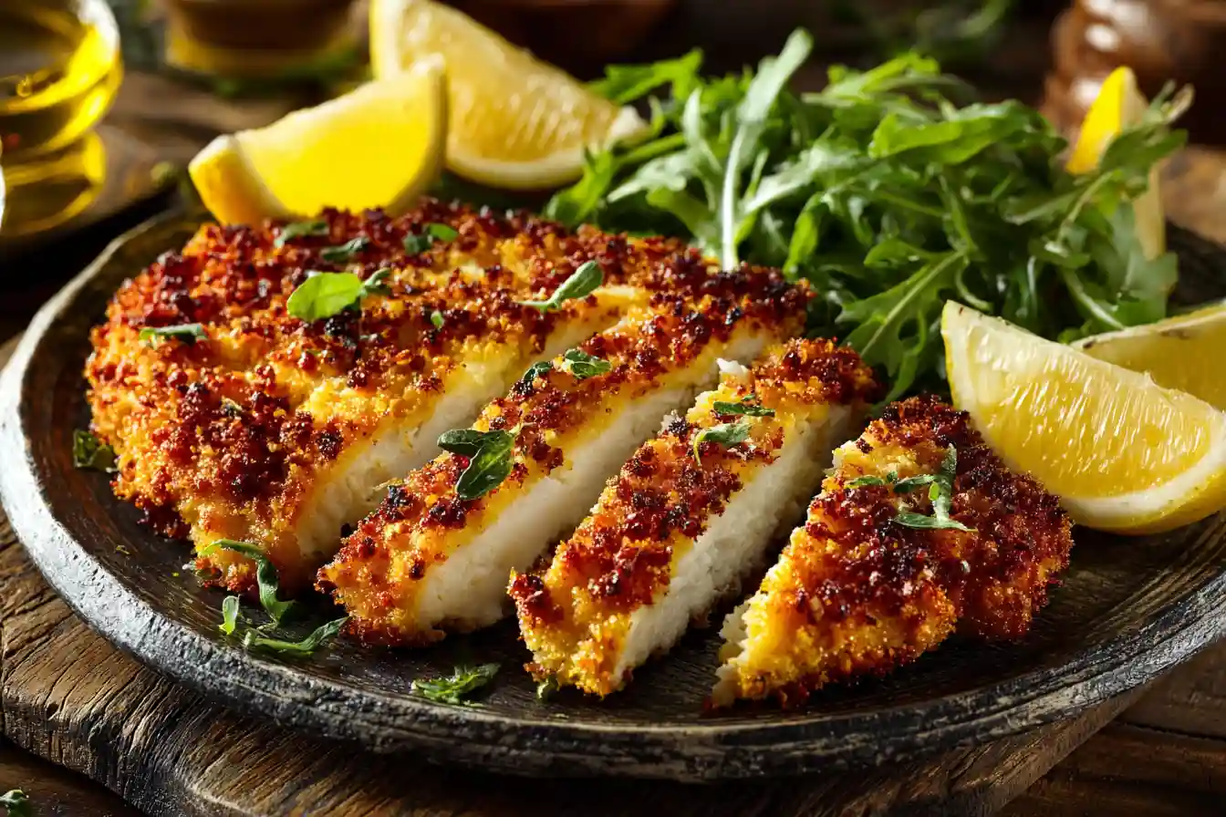 serving parmesan crusted chicken with lemon and salad