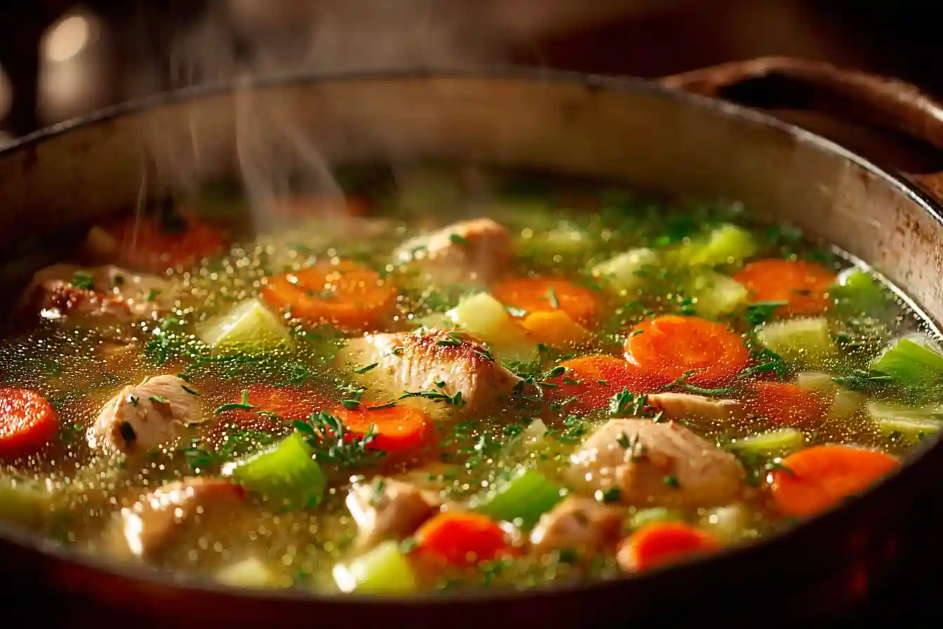 Chicken soup simmering with vegetables