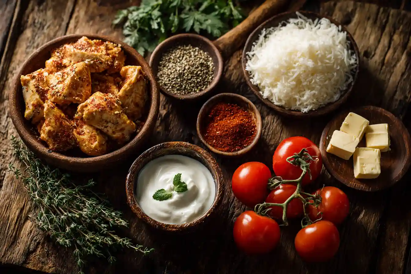 Simple homemade butter chicken ingredients on a rustic wooden table