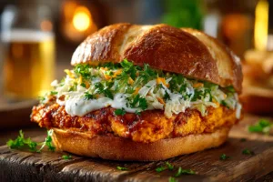 Crispy buffalo chicken sandwich with ranch slaw