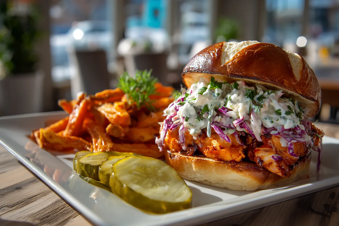 Buffalo chicken sandwich served with fries
