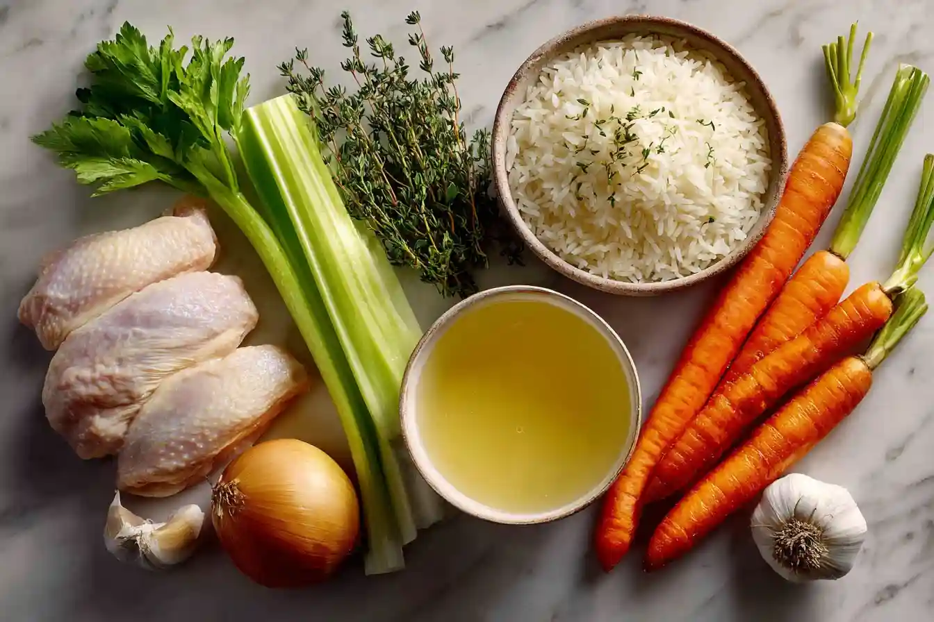 ingredients for easy chicken and rice soup arranged on a white marble surface