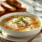 serving of chicken and rice soup with bread on a white table