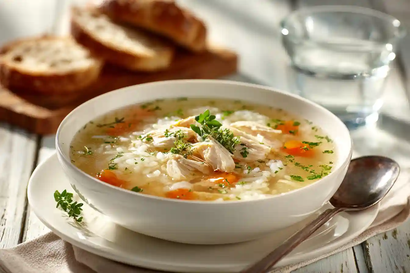 serving of chicken and rice soup with bread on a white table