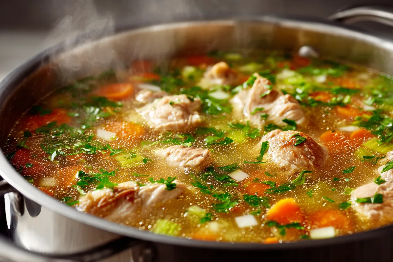 chicken and rice soup recipe cooking with chicken and vegetables in broth