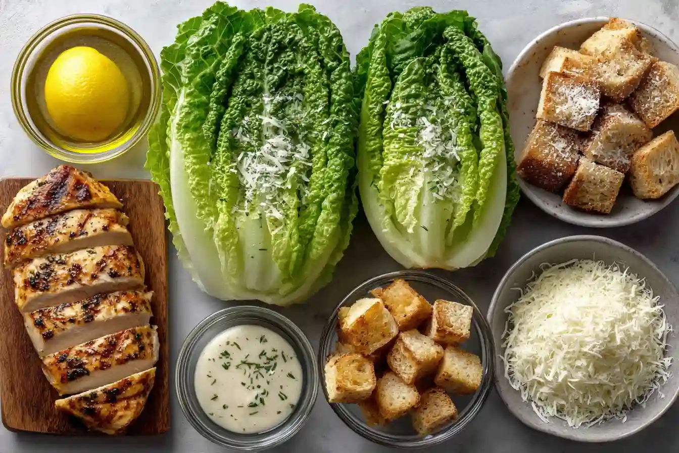 Chicken Caesar Salad ingredients arranged neatly