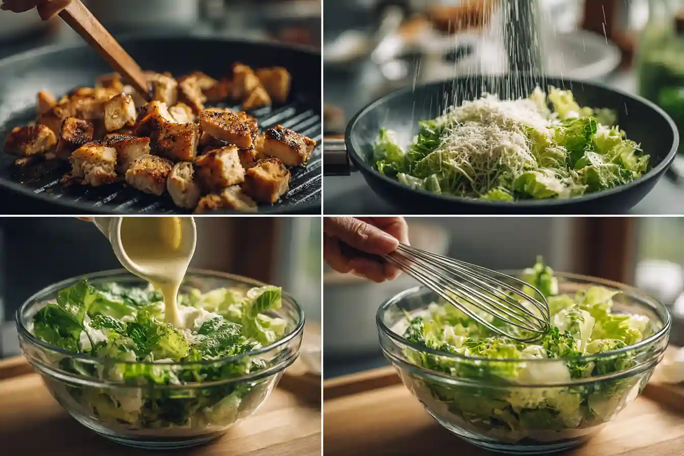 Step-by-step process of making Chicken Caesar Salad