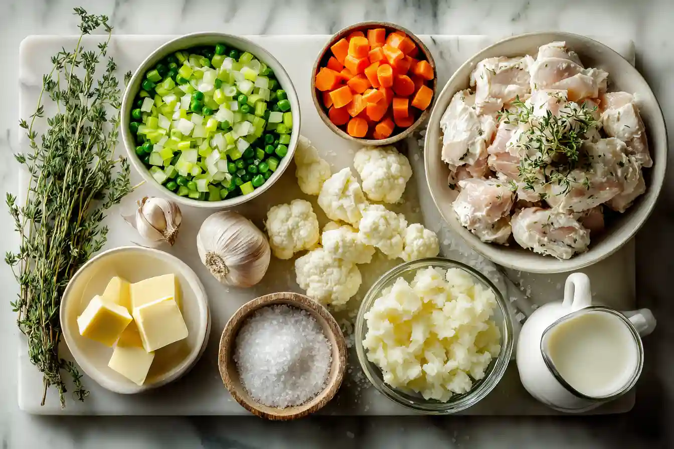 Chicken and Dumplings Ingredients on White Marble