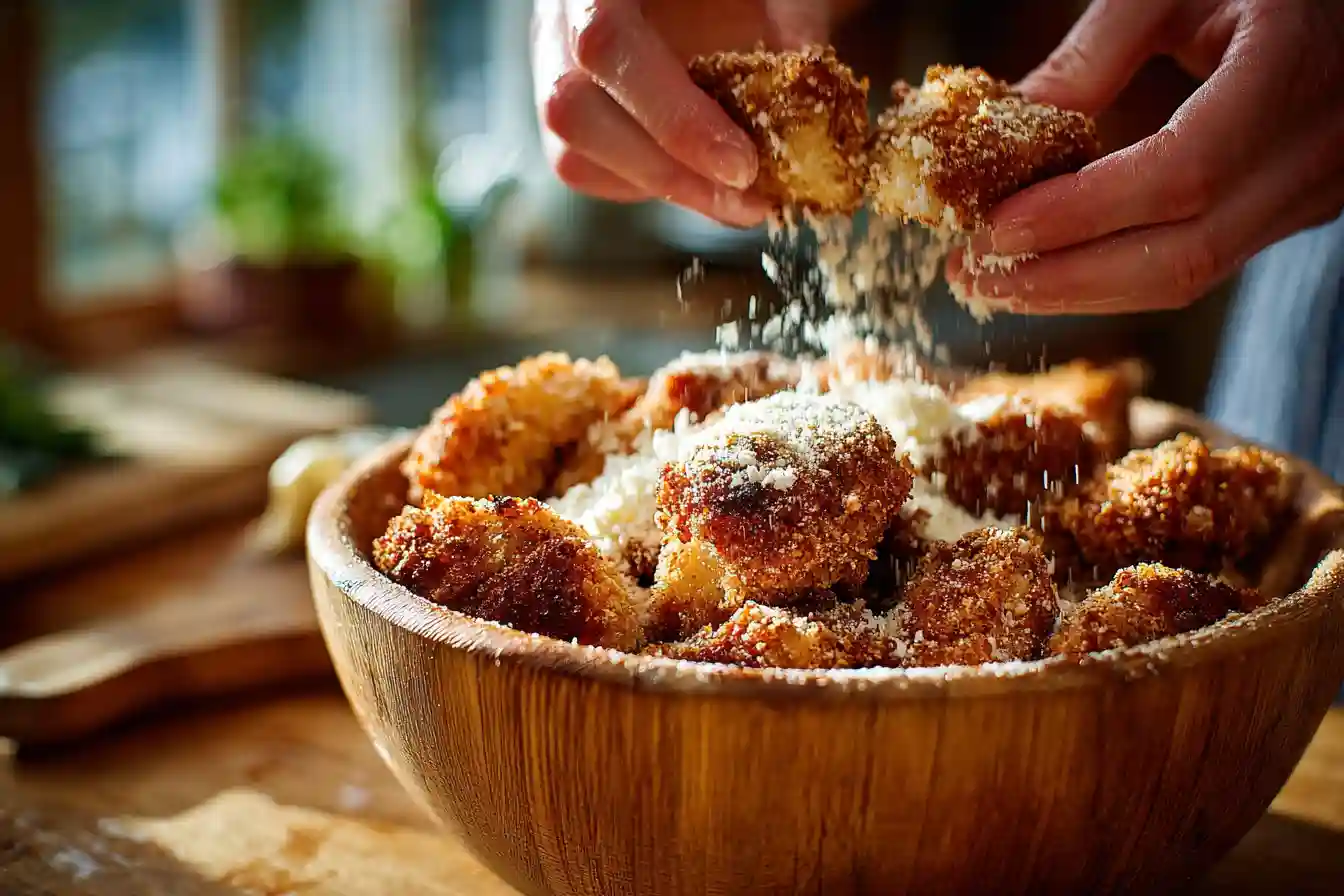 Dredging chicken in buttermilk and flour mixture