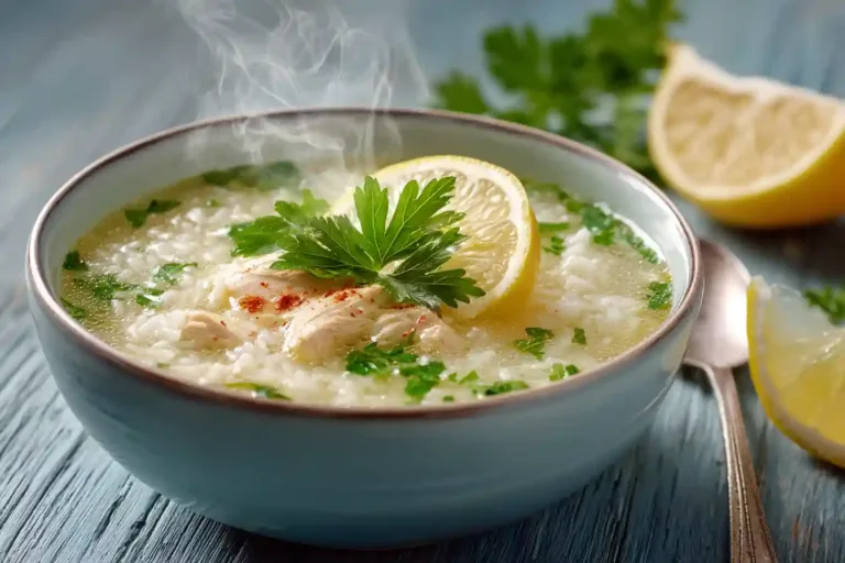 easy chicken and rice soup in a white bowl with parsley and lemon