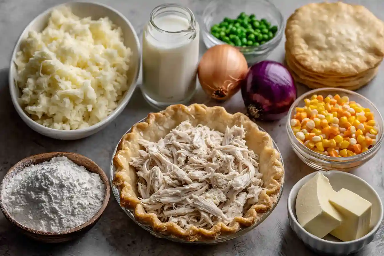ingredients for easy chicken pot pie on kitchen counter