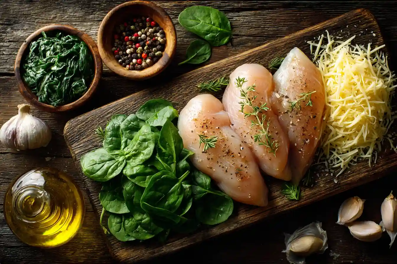 Ingredients for stuffed chicken breast with spinach and mozzarella