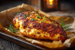 Juicy chicken breast in oven with golden crust and herbs