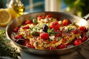 Mediterranean chicken recipe with lemon, feta, and olives in skillet on white marble