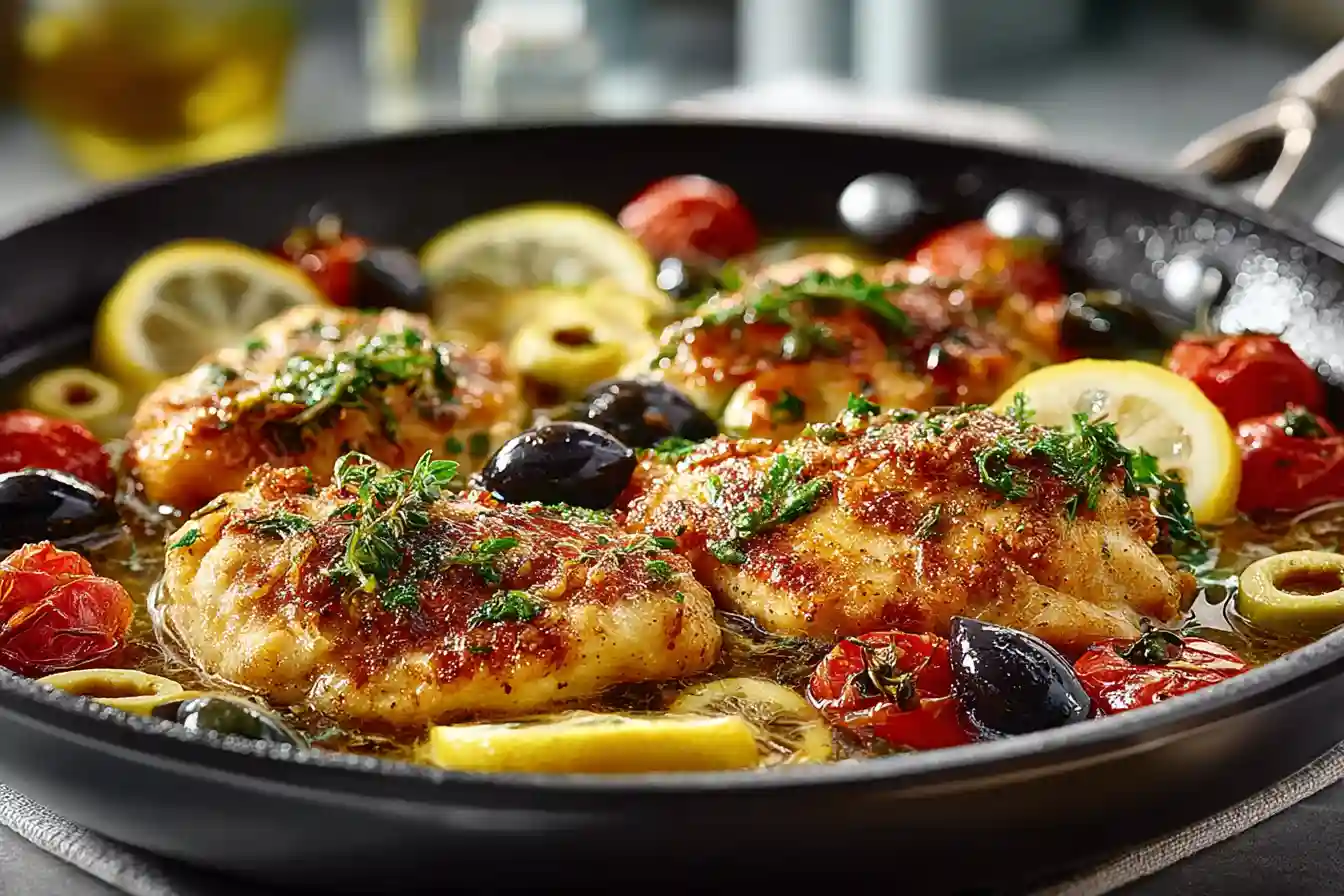 Mediterranean chicken cooking in skillet with olives and lemon