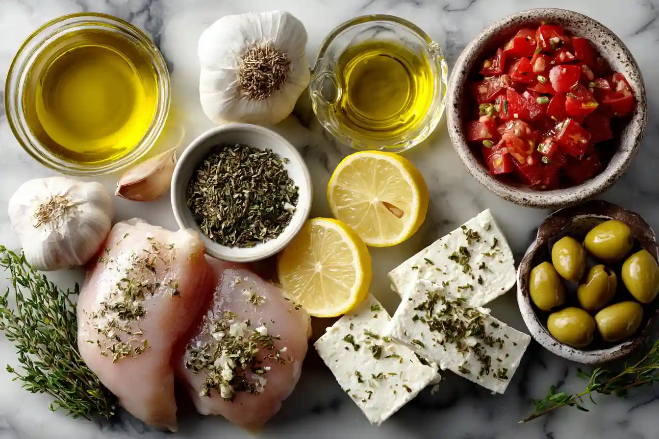 Mediterranean chicken recipe ingredients on white marble countertop