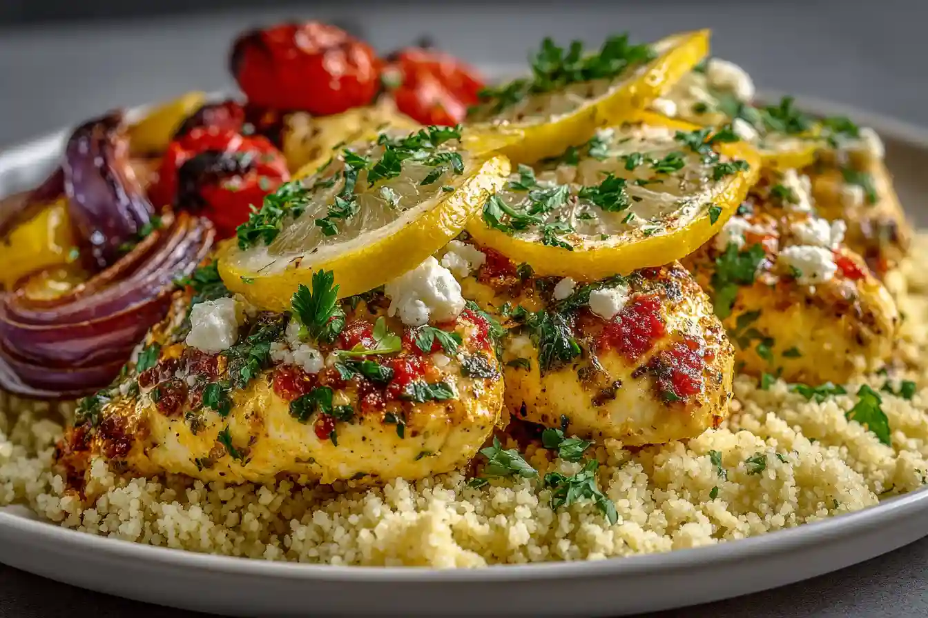 Mediterranean chicken recipe served with couscous and lemon on white plate