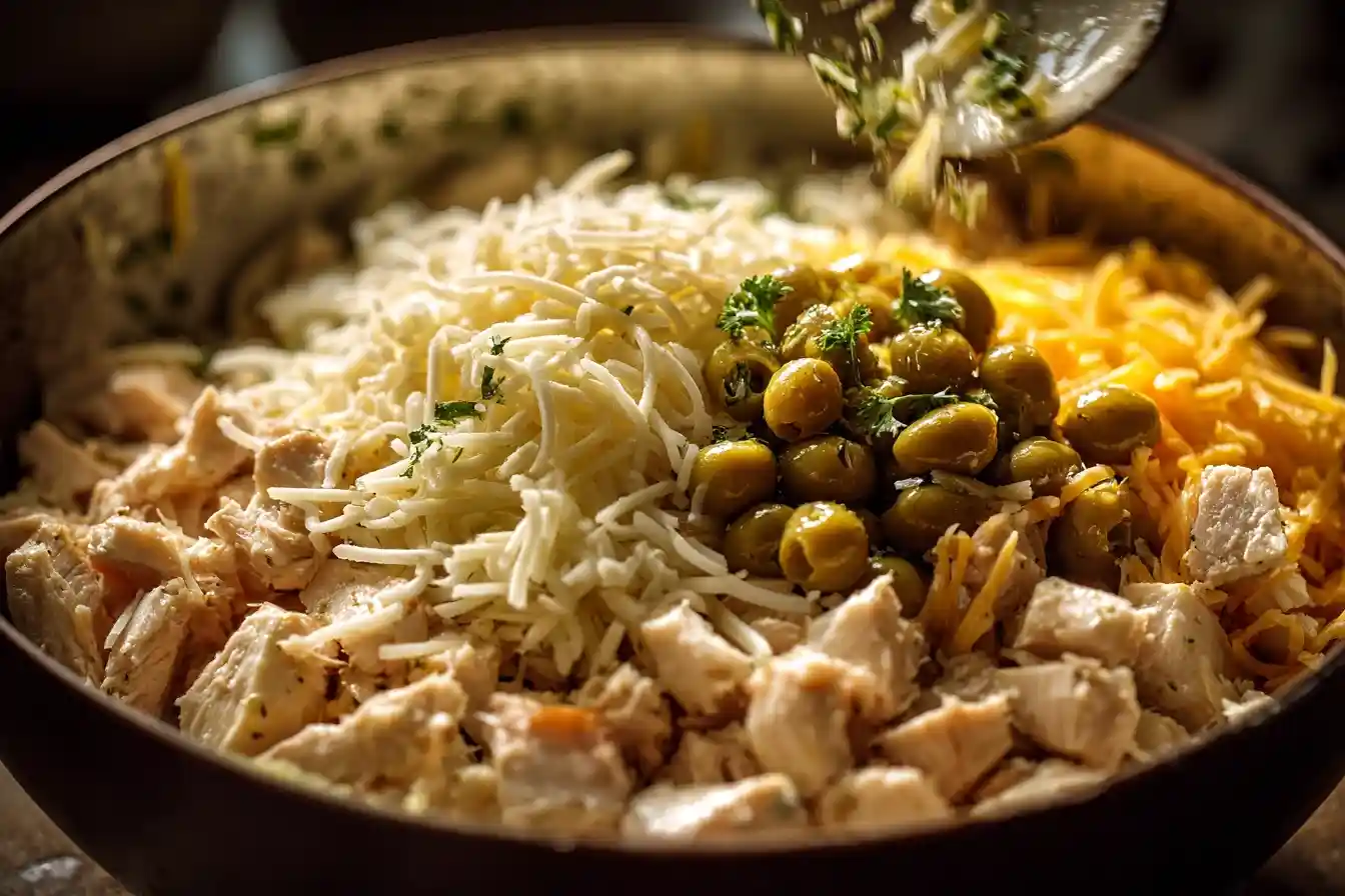 Overhead view of the ingredients needed for easy chicken grilled cheese, including chicken, cheese, olives, butter, and sourdough bread.