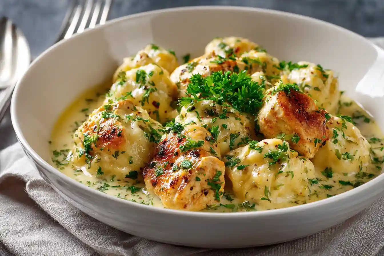 Modern Serving of Chicken and Dumplings with Parsley