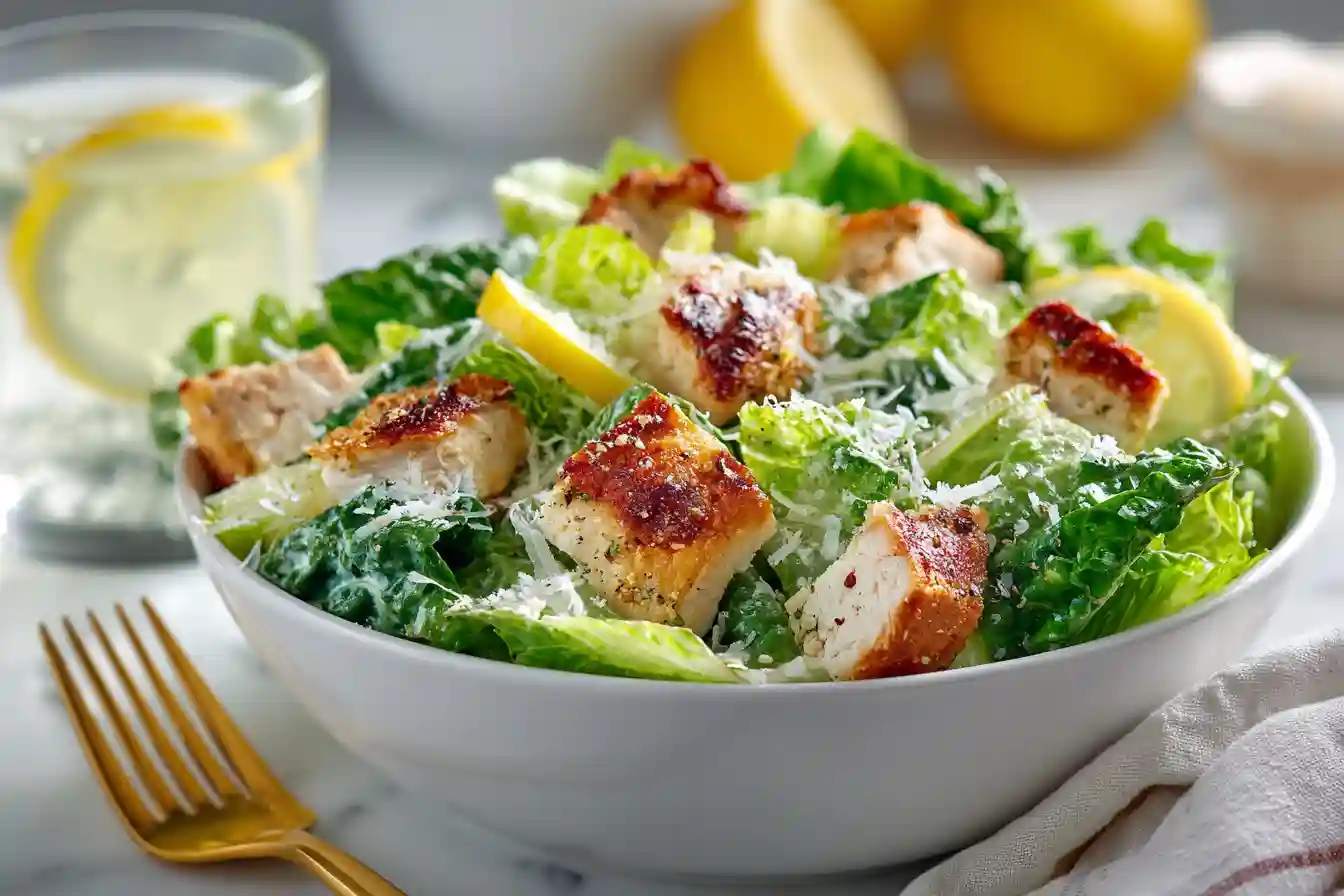 Served Chicken Caesar Salad in a white bowl