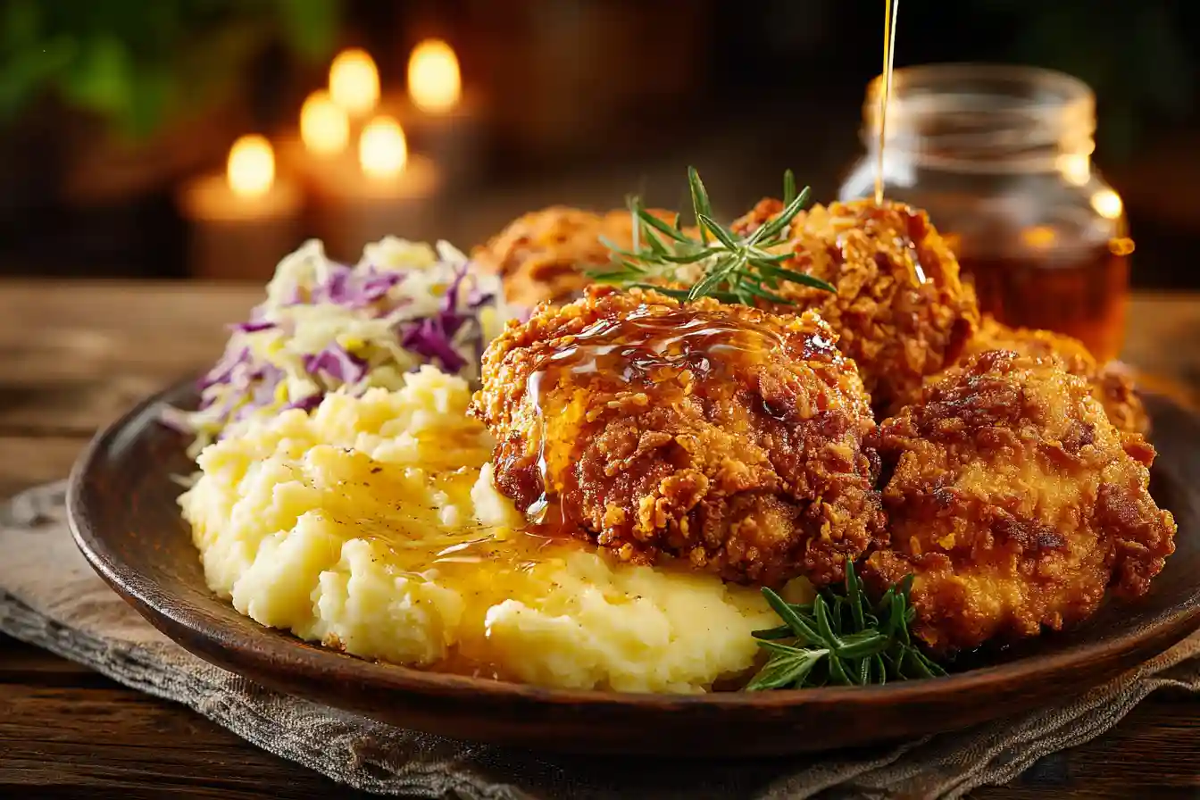 Crispy fried chicken served with mashed potatoes and coleslaw