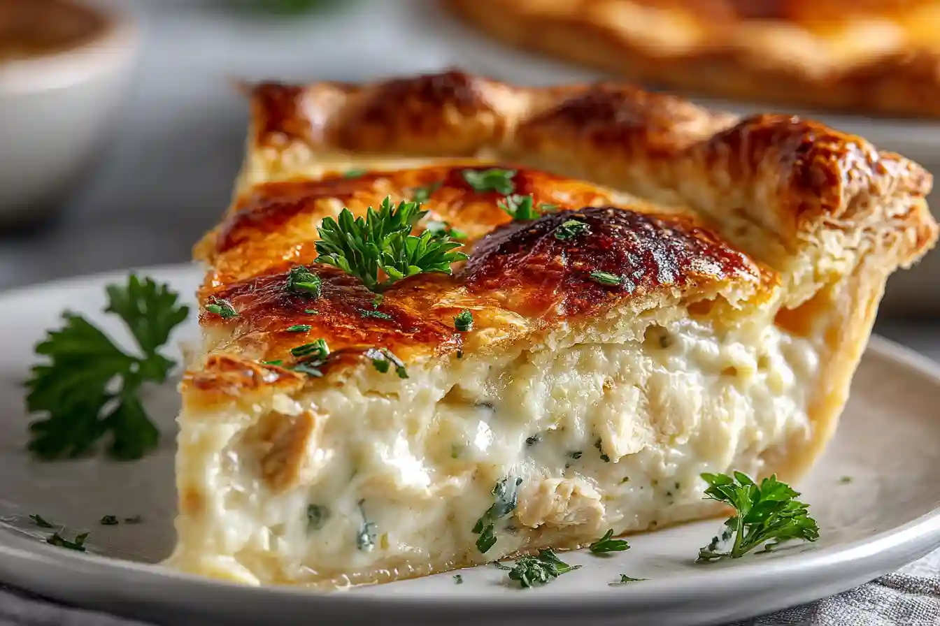 serving easy chicken pot pie slice on plate