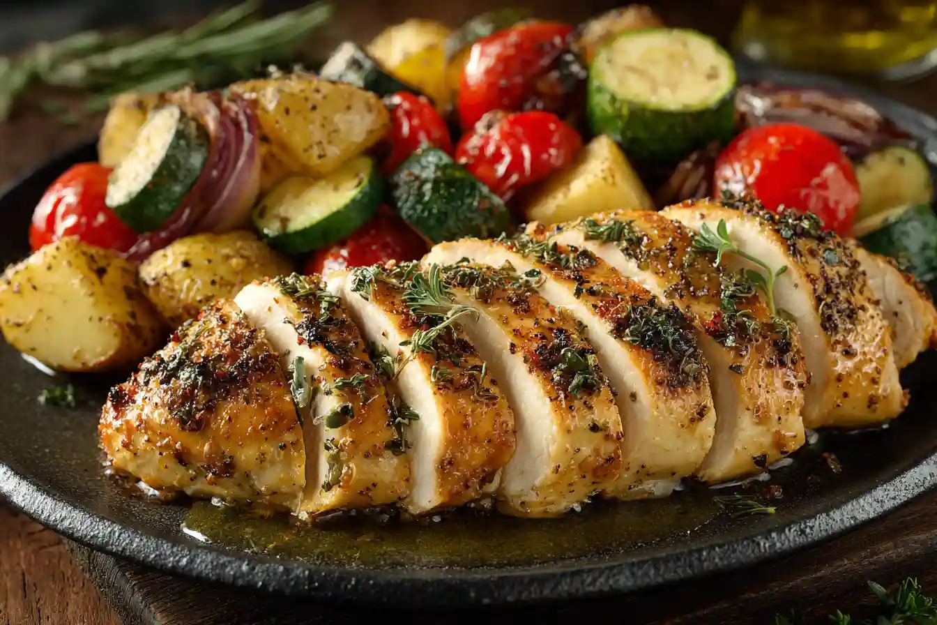 Sliced juicy chicken breast served with vegetables