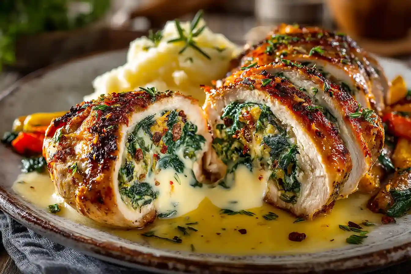 tuffed chicken breast served with roasted vegetables