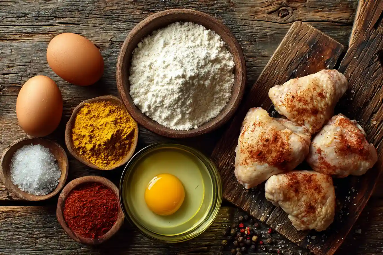 Simple easy fried chicken ingredients flat lay